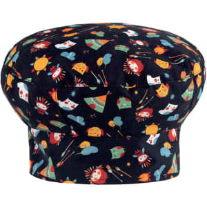 A patterned chef hat featuring a dark background with colourful illustrations of hats, sun, and various characters.