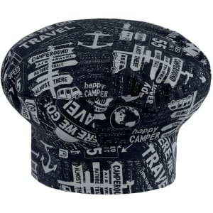 A chef hat in black featuring various travel-themed graphics and designs.