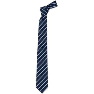 A navy blue cravat tie with white stripes, featuring a knotted design. It has a branding logo.