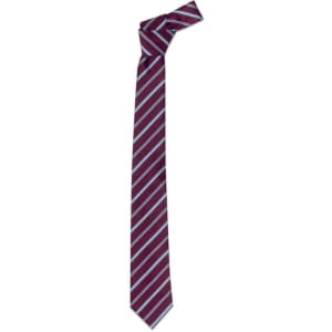 A maroon cravat tie with white and light blue diagonal stripes, featuring a pointed end and knotted at the top.