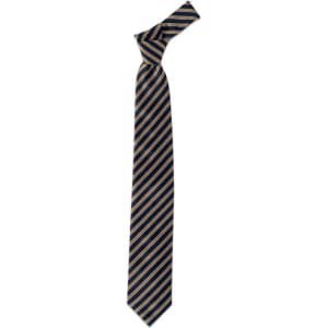 A striped cravat tie in navy blue and gold, featuring a classic design and a logo.