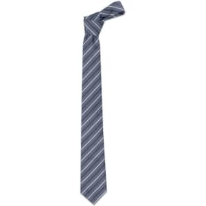 A cravat tie in navy blue with diagonal white stripes, featuring a simple knot at the top.