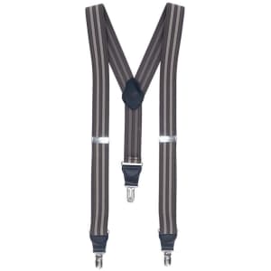 Striped grey braces with leather detailing and metal clips for attachment, featuring a Y-shaped back design.