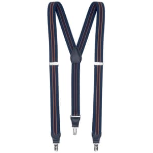 A pair of navy suspenders with orange stripes and metal clips. Features a leather centre piece.