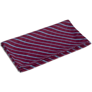A neck scarf featuring a maroon background with blue diagonal stripes, neatly folded. The scarf has a logo.