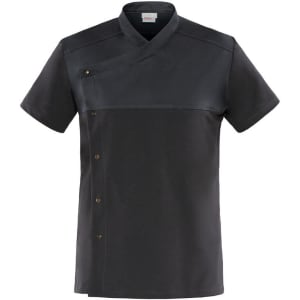 A black tunic with short sleeves and a wrap design featuring decorative buttons and a logo.