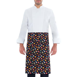 A white chef's jacket paired with a colourful floral patterned apron, featuring various vibrant flowers and leaves.