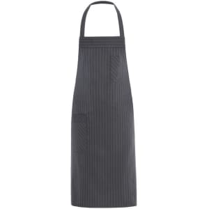 A grey striped apron with an adjustable neck strap and multiple pockets. It features a logo on the fabric.