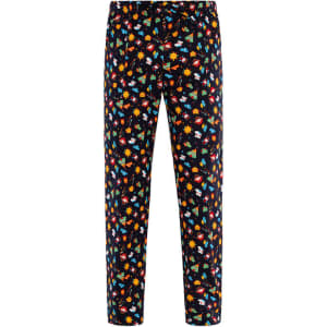 A pair of black pants featuring a colourful floral and nature print. The pants have an elastic waistband and a smooth finish.