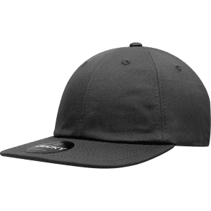 A flat bill cap in dark grey with a rounded crown and a flat brim. It features a logo on the side.