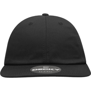 A black flat bill cap with a textured brim and a logo on the front.