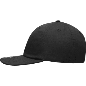 A relaxed black flat bill cap with a curved peak and a logo on the side.