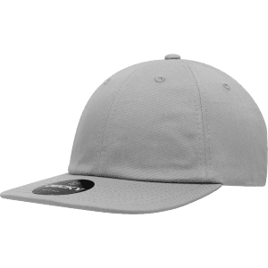 A flat bill cotton cap in grey featuring a logo on the side.
