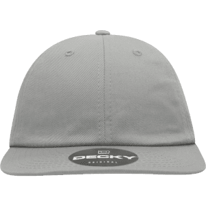 A relaxed flat bill cap in grey featuring a logo on the front.