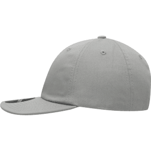 A relaxed flat bill cap in light grey, featuring a logo on the front and a curved brim.