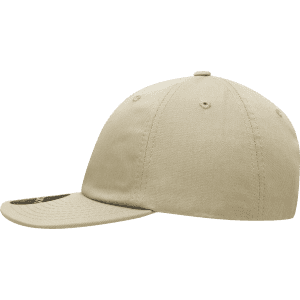 A relaxed flat bill cap in a khaki shade, featuring a curved visor and a logo on the side.