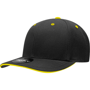 A black cap with a structured mid-profile and yellow accents on the bill and eyelets, featuring a logo.