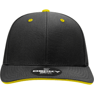 A black cap with a structured six-panel design and a yellow sandwich bill, featuring a logo on the front.