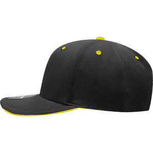 A black cap with a structured mid-profile and a yellow sandwich bill, featuring a logo.