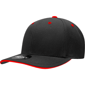 A black cap with a red sandwich bill and contrasting red accents, featuring a logo tag.