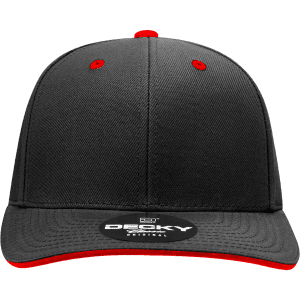 A black and red 6 panel mid profile structured sandwich bill cap featuring a logo on the front.
