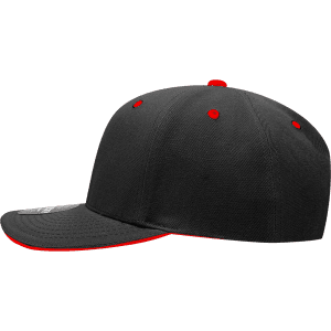 A black 6-panel structured cap with a red sandwich bill and eyelet accents, featuring a logo on the front.