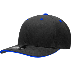 A black cap with a mid-profile design and blue accents, featuring a structured sandwich bill and a logo.
