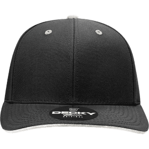 A black 6-panel mid-profile structured cap with a grey sandwich bill and a logo on the front.