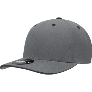 A grey 6 panel mid-profile structured cap with a sandwich bill and a logo on the side.
