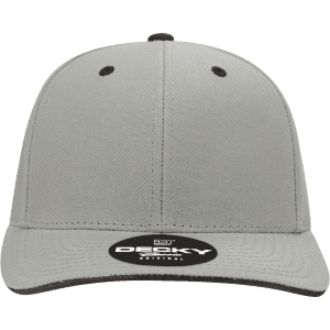 A grey 6-panel mid profile structured cap with a contrasting black sandwich bill and a logo on the front.