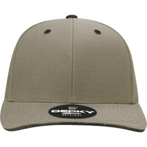 A structured six-panel cap in tan with a dark brown sandwich bill and a logo on the front.