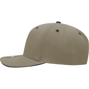 A khaki 6 panel mid-profile structured cap with a sandwich bill and a logo.