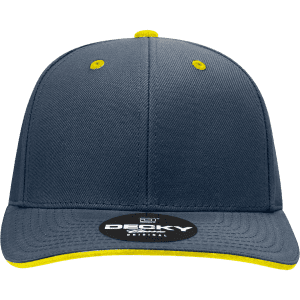 A structured six-panel cap in navy blue with a yellow sandwich bill and logo on the front.