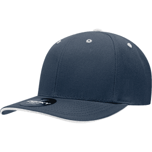 A navy blue 6-panel mid-profile structured cap with a sandwich bill and contrasting white accents. Features a logo.