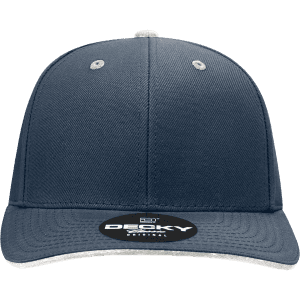 A structured six-panel cap in navy with a grey sandwich bill, featuring a logo on the front.