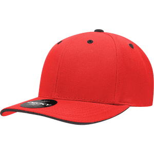 A red mid-profile structured cap with a sandwich bill and black accents, featuring a logo on the front.
