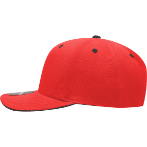 A red 6-panel mid-profile structured cap with a sandwich bill and a logo on the side.