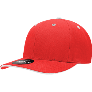 A red structured cap with a sandwich bill, featuring ventilation eyelets and a logo on the side.