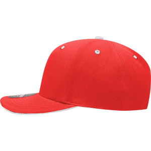A red six-panel mid-profile structured cap with a sandwich bill and an unspecified logo.