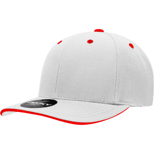 A grey cap with a structured six-panel design and red accents on the bill and eyelets. It has a logo on the side.