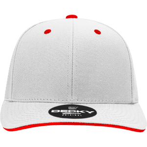 A grey cap with a structured six-panel design and contrasting red accents on the brim and eyelets. It features a logo.