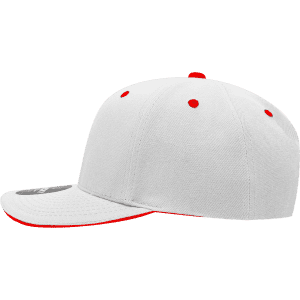 A grey cap with a red sandwich bill and accents, featuring a structured mid-profile design and a logo.