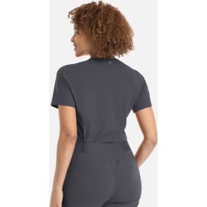 A women's banded V-neck top in dark grey, featuring a fitted design and short sleeves. It has a logo on the back.