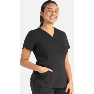 A black women's curved V-neck top featuring short sleeves and side pockets, with branding visible on the garment.