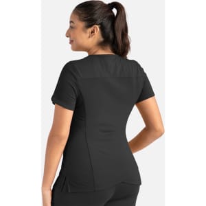 A black women's curved V-neck top with short sleeves, featuring a fitted design and a logo.