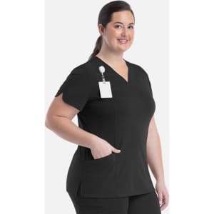 A black curved V-neck top designed for women, featuring a pocket and a logo on the upper side.