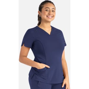 A women's curved V-neck top in navy blue, featuring short sleeves and side pockets. It also has a logo.