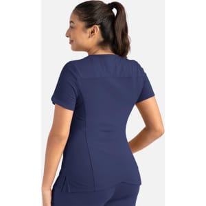 A women's curved V-neck top in navy blue, featuring short sleeves and a fitted design, with branding visible.