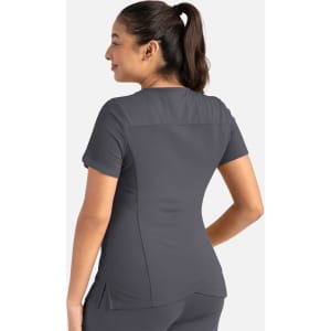 A grey women's curved V-neck top with short sleeves, featuring a fitted design and a branding logo.