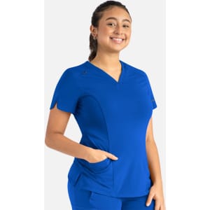 A blue women's curved V-neck top with short sleeves and a pocket, featuring a logo.